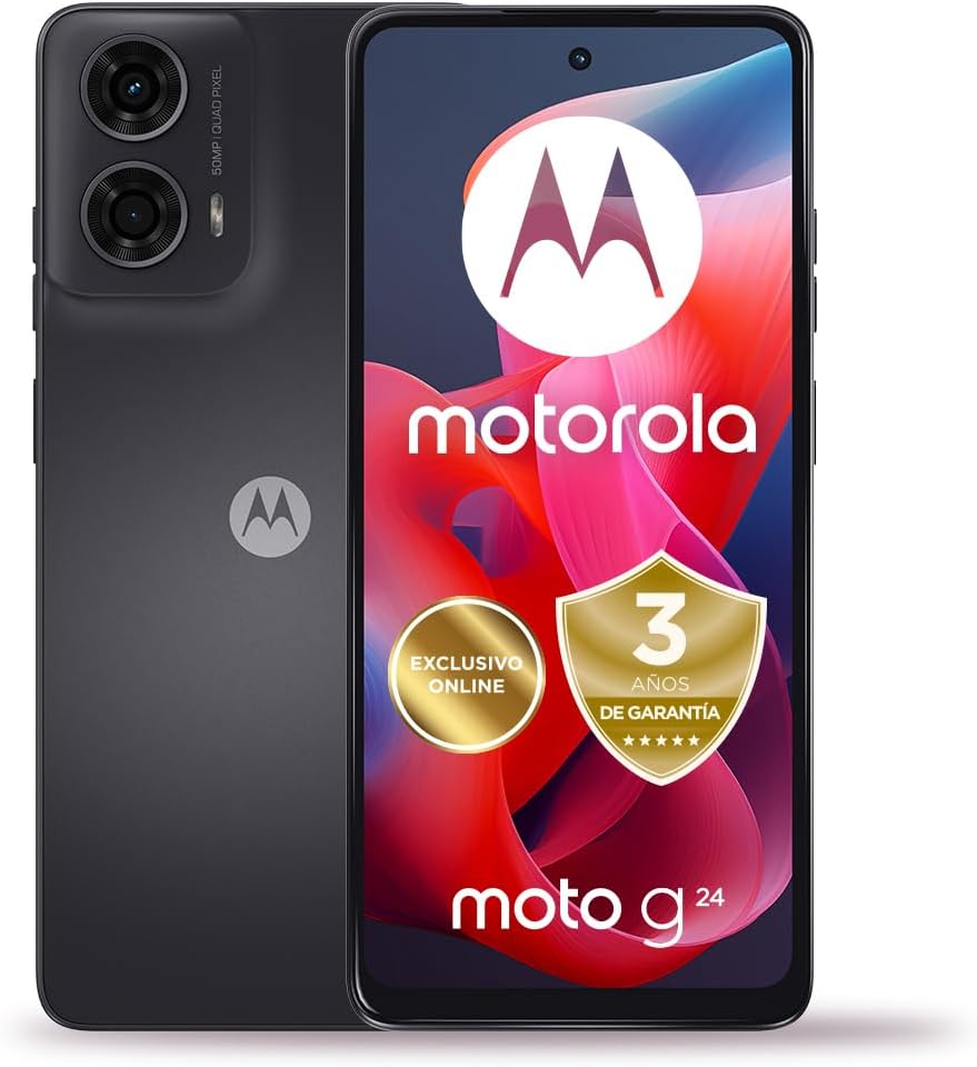 Motorola Moto g24, 4/128, Pantalla HD+ 6,56'' y 90 Hz,Sistema de cámara de 50 MP Macro Vision,Dolby Atmos,Android 14, batería 5000 mAh con TurboPower 15,Dual SIM,Incluye Funda,Gris