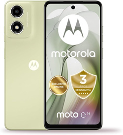 Motorola Moto e14, 2/64GB, Pantalla HD+ 6,56" y 90 Hz, Sonido Dolby Atmos, cámara con IA, Android 14, batería de 5000 mAh con TurboPower 15, procesador Octa-Core, Dual SIM, Verde